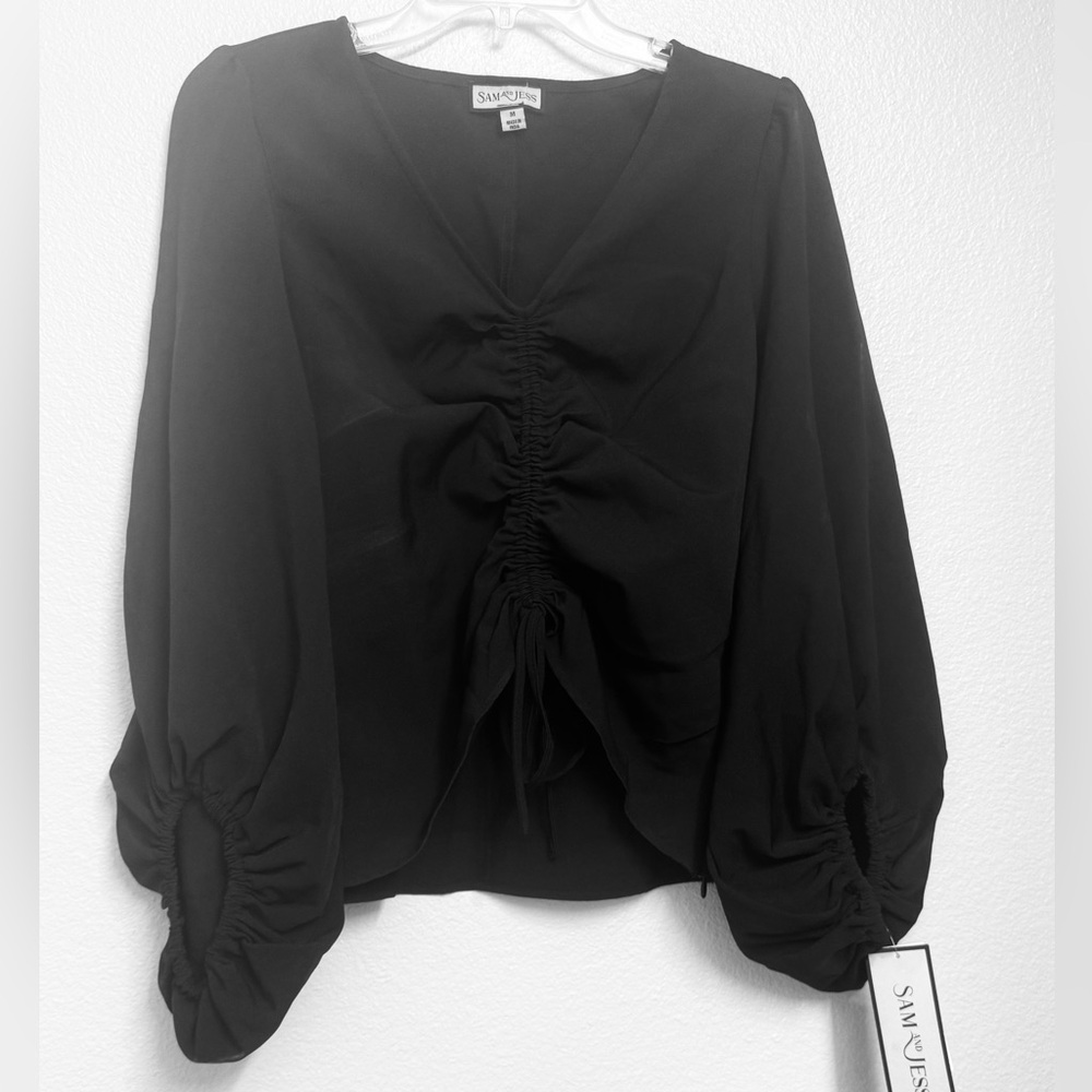 Sam & Jess Black Ruched V-Neck Blouse with Gathered Sleeves